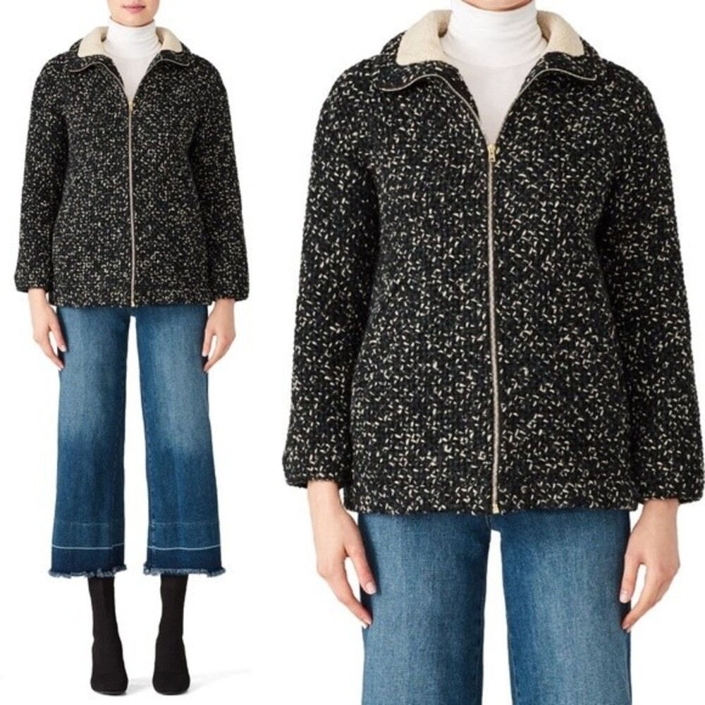 BA&SH Sherpa Shearling Lined Knit Wool Blend Boxy Coat Black White Size Small 6